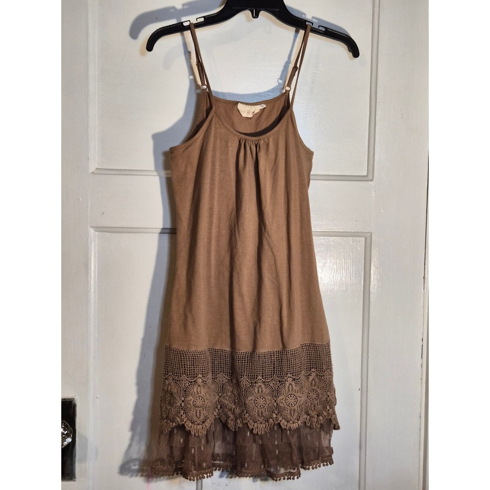 Winter Lennon Brown Crochet Lace Tulle Hem Cami Mini Dress Boho S